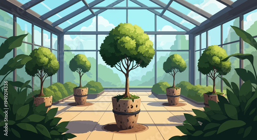 Potted Trees in Greenhouse Interior Scene.