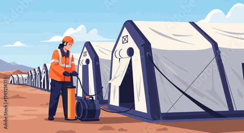 Relief Worker Standing Near Emergency Tents.