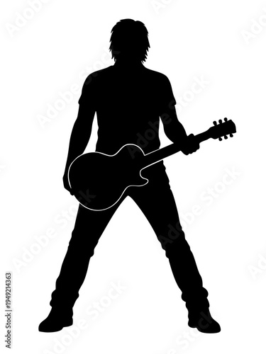Black silhouette of male guitarist standing in full length front view holding electric guitar isolated on transparent background. Concept of live music performance, rock band musician and concert