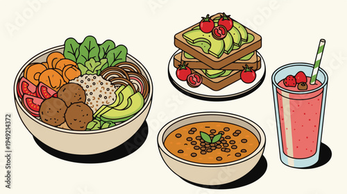 Colorful illustration of healthy vegan food: Buddha bowl, toast, soup, smoothie