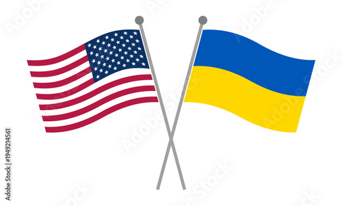 Crossed national flags of United States and Ukraine on flagpoles representing diplomatic relations, international partnership and geopolitical cooperation vector illustration
