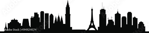 Global city skyline silhouette featuring iconic Eiffel Tower and modern skyscrapers, minimalist black urban landscape illustration isolated on light background for travel design