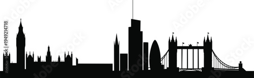 London city skyline silhouette featuring Big Ben, Shard, Gherkin and Tower Bridge isolated on white background, iconic United Kingdom landmark cityscape illustration vector