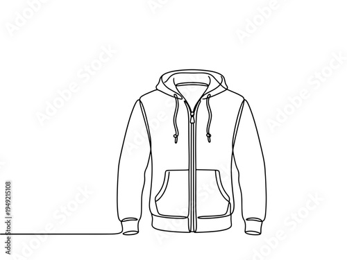 A minimalist one-line art illustration of a casual zip-up hoodie with a drawstring and pockets, ideal for apparel design and fashion concepts.