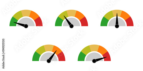 Set of 5-Stage Gauge Symbol Sign Icons Transitioning from Green Yellow to Red for Visualizing Speed, Risk, Market Sentiment, Performance and Fear Index Metrics in Speedometer Style. Vector Image.