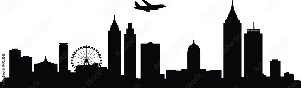 Obraz premium Modern city skyline silhouette with ferris wheel, skyscrapers and airplane flying above urban skyline, minimalist black metropolitan architecture isolated on light background