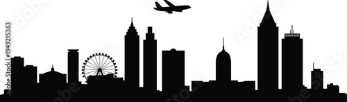 Modern city skyline silhouette with ferris wheel, skyscrapers and airplane flying above urban skyline, minimalist black metropolitan architecture isolated on light background