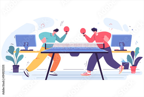 Office workers enjoying a table tennis break in their workspace