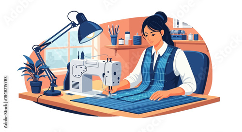 Woman Sewing Clothes on Industrial Machine.