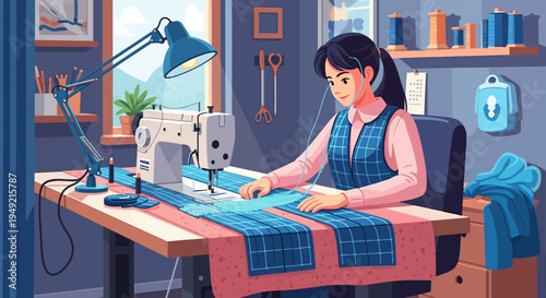 Woman Sewing Blue Fabric on Sewing Machine.
