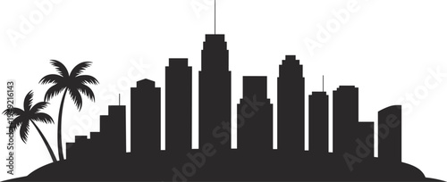 Modern tropical city skyline silhouette with palm trees urban downtown skyscrapers vector illustration black cityscape isolated on light background metropolitan architecture travel destination