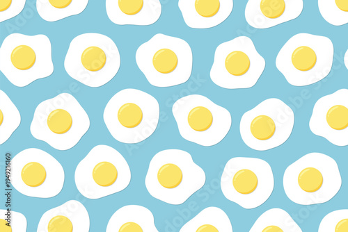 Playful seamless pattern features sunny-side-up fried eggs on a light blue background. Perfect for kitchen decor and food-themed designs.