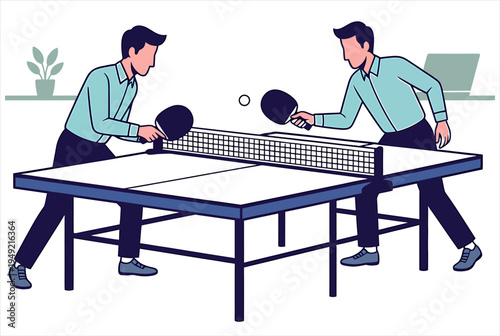 Two professionals shaking hands over a table tennis table during a break in play