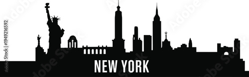 New York city skyline silhouette featuring Statue of Liberty and iconic skyscrapers, minimalist black urban landmark illustration isolated on light background for travel design