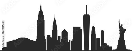 New York City skyline silhouette with Statue of Liberty and iconic Manhattan skyscrapers, minimalist black NYC cityscape illustration isolated on light background, famous USA landmark skyline