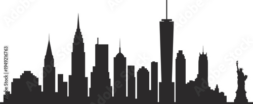 New York City skyline silhouette with Statue of Liberty and iconic skyscrapers, minimalist black NYC cityscape illustration isolated on light background, famous USA landmark architecture