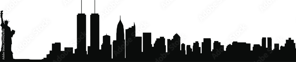 Obraz premium New York skyline silhouette with Statue of Liberty and Twin Towers, iconic Manhattan skyscrapers minimalist black urban landmark architecture isolated on light background