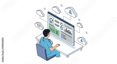 Healthcare Professional Analyzing Data on a Large Screen with Cloud Connectivity.