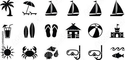 Black silhouette grid of seaside icons including palm tree, sailboats, beach hut, sandcastle, seashells, sun, crab, and accessories