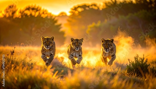Three cheetahs sprint across a golden field toward the viewer as the sun sets, casting long shadows