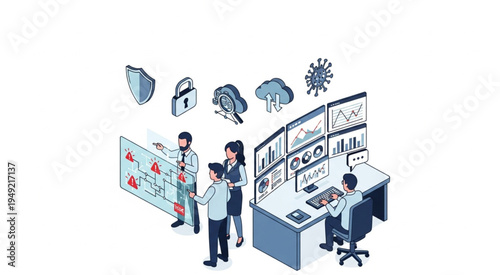 Cybersecurity Team Analyzing Threat Data in Security Operations Center.
