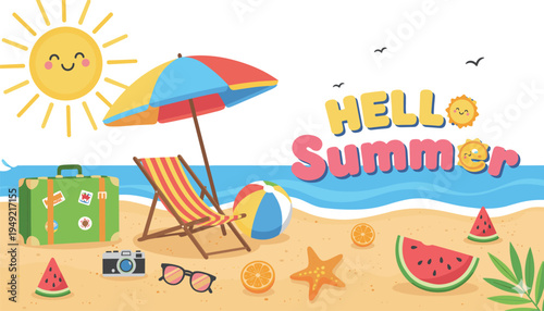 Colorful cartoon beach scene with smiling sun, suitcase, umbrella, chair, ball, fruits, camera, sunglasses, and cheerful summer text