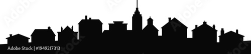 Residential neighborhood skyline silhouette with houses and small buildings, minimalist black suburban architecture horizon isolated on light background for real estate design