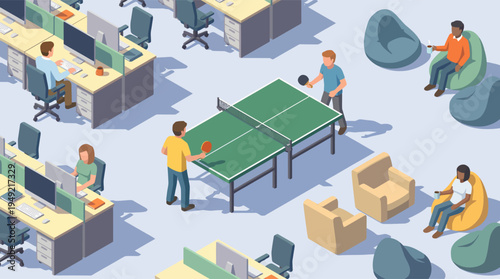 Modern office environment blending work and recreational activities seamlessly