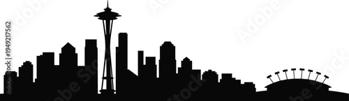 Seattle city skyline silhouette featuring Space Needle and modern skyscrapers with stadium, minimalist black urban landmark architecture isolated on light background