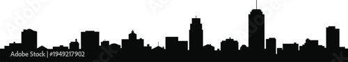 Urban city skyline silhouette with modern skyscrapers and downtown buildings, minimalist black cityscape illustration isolated on light background, metropolitan architecture skyline banner design