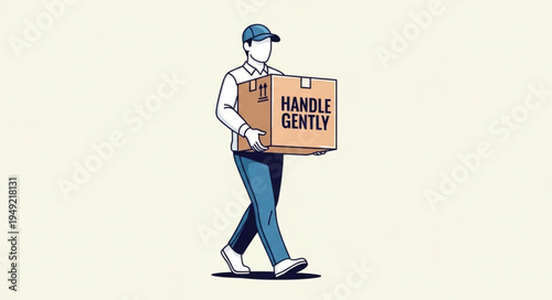 Delivery man carrying a cardboard box with handle gently label.