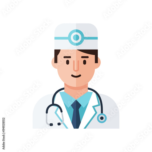 Friendly Doctor Character Wearing Stethoscope and Medical Cap - Flat Illustration