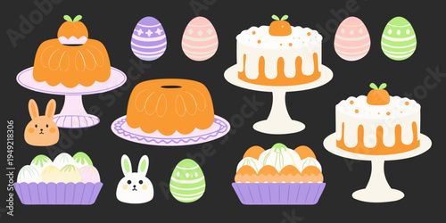 Colorful easter desserts and bunny illustrations on a dark background