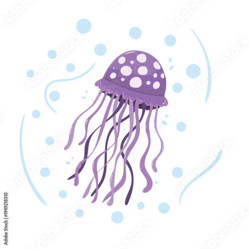 Vector illustration of a purple jellyfish floating underwater with long tentacles and bubbles around it. Simple cartoon style with soft colors, representing marine life, ocean nature, and sea animals
