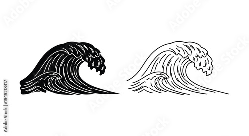 Two stylized ocean waves a dark and a light version presented as a silhouette