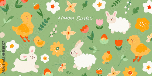 Happy easter illustration with chicks bunnies flowers and spring elements