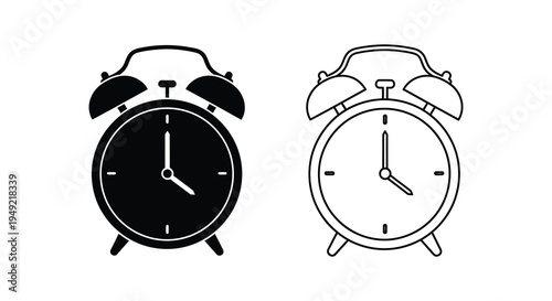 Two alarm clock icons one black and one white showing ten past seven silhouette