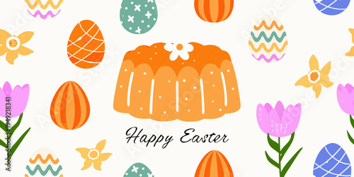 Colorful easter eggs flowers and a bundt cake with happy easter