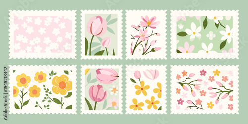 Collection of six floral postage stamps with pastel color schemes