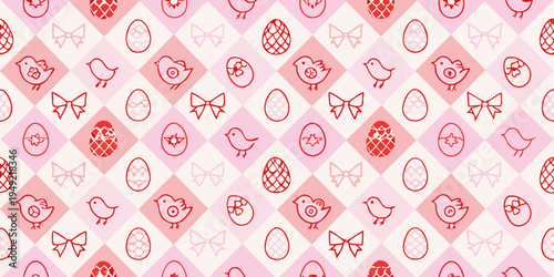 A repeating pattern featuring easter eggs birds and bows in pink hues
