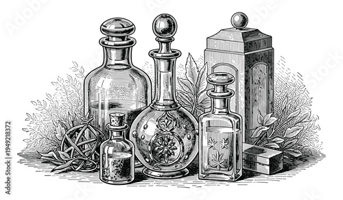 Vintage apothecary bottles and botanical elements vector illustration
