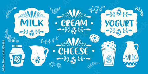 Stylized illustration of dairy products with floral and botanical elements