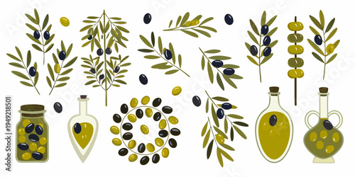 Stylized illustration of olive branches fruits oil bottles and jars