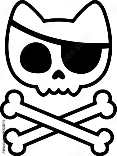 Cute cartoon cat skull with pirate eyepatch and crossbones. Simple comic style vector clip art illustration.