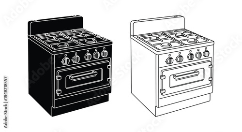 Two vintage gas ranges presented in a striking black and white silhouette