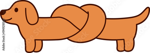 Cute cartoon dachshund with body tied in knot, funny long wiener dog doodle. Isolated vector illustration.