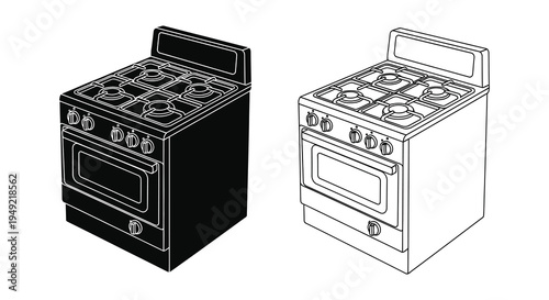 Two renderings of a gas range stove one solid and one outlined silhouette