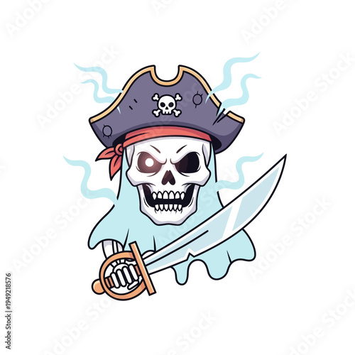 Scary Pirate Ghost Skeleton with Sword and Hat, Spooky Halloween Character