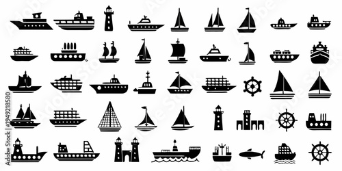 Collection of black silhouette icons depicting various boats ships and lighthouses