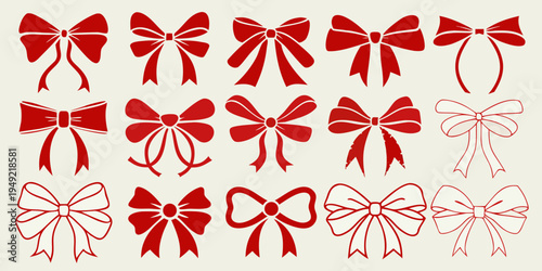 Collection of vibrant red bows in various shapes and styles arranged closely